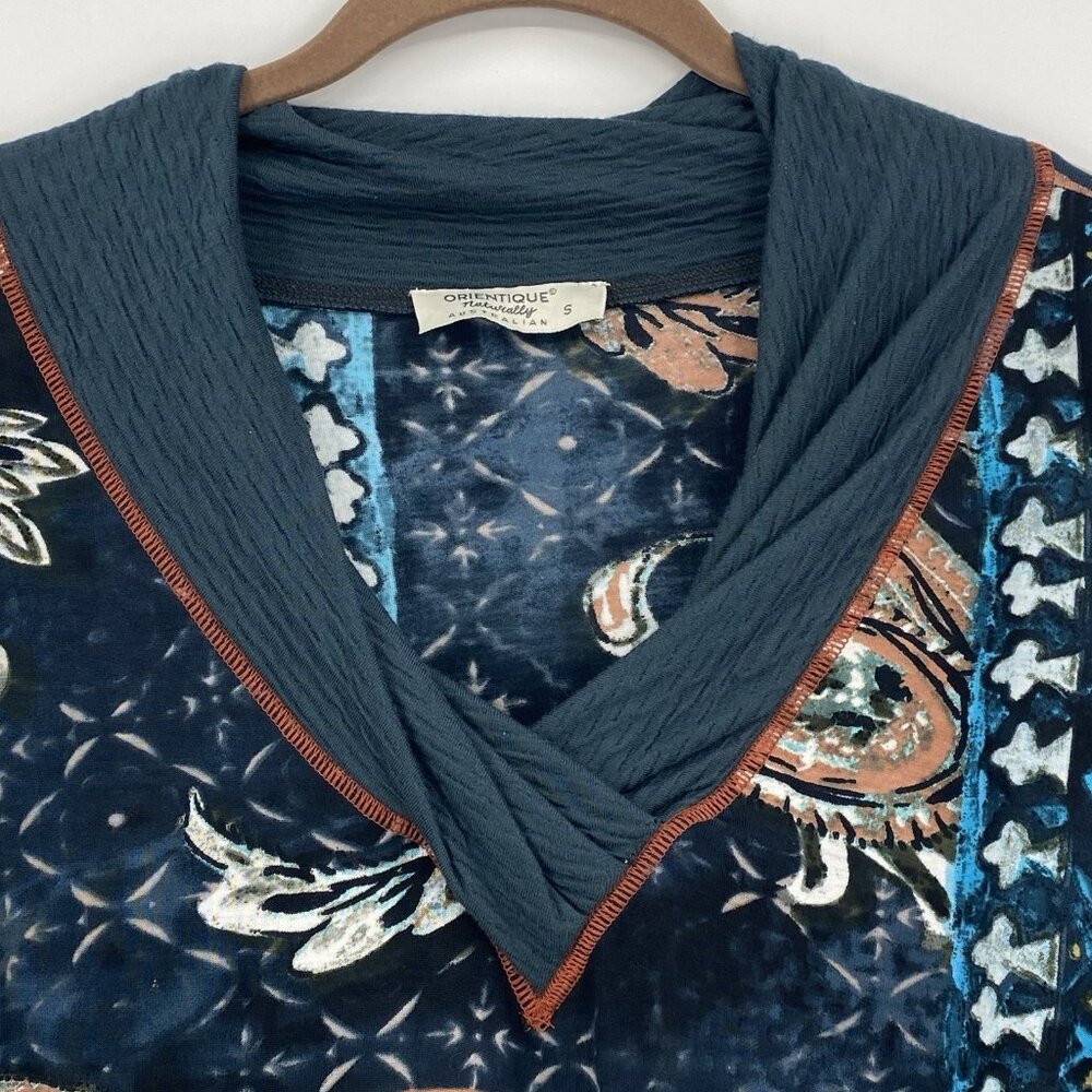 Orientique Naturally Small Patchwork Top Long Sleeve Asymmetric Hem Shawl Neck - Picture 9 of 14